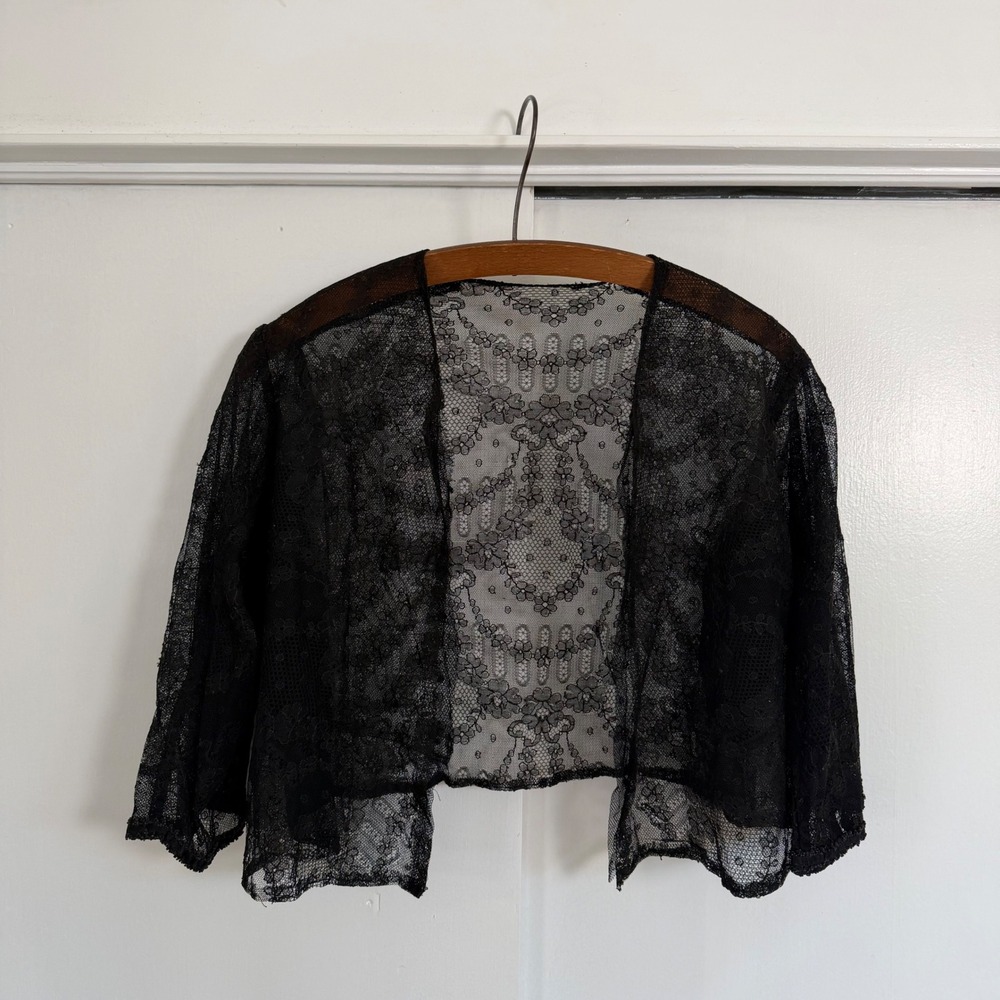 Vintage Black Lace Bolero Jacket Cropped Sheer Floral 5 Snap Shrug Top